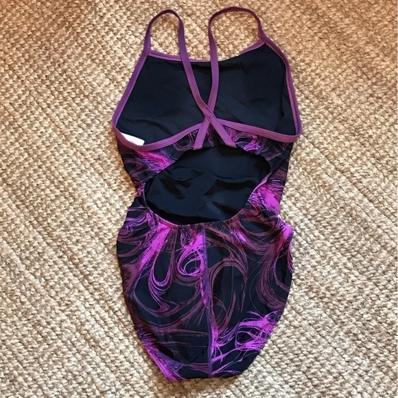 SPORTI one piece swim suit black with purple swirls. Size 34. - Picture 4 of 7